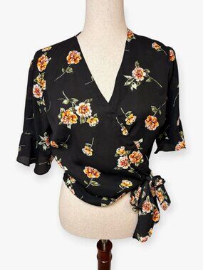LUSH Black Orange Floral Wrap Tie Cropped Blouse Size Small